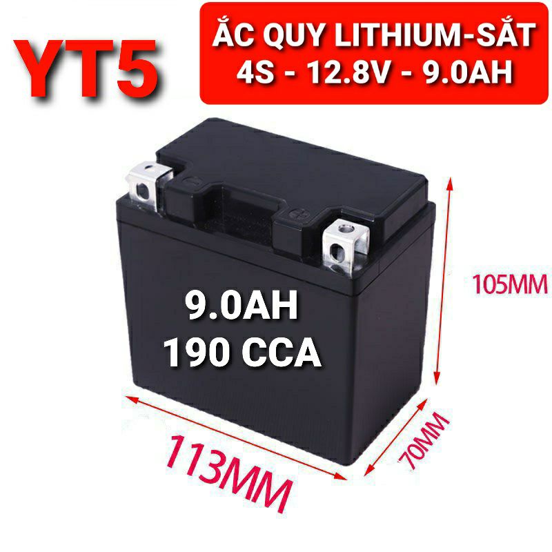 Achun.vn - YT5 - ẮC QUY LITHIUM SẮT 4S- 12.8V - 9.0AH - 12 Cell 26650- Khởi động xe máy