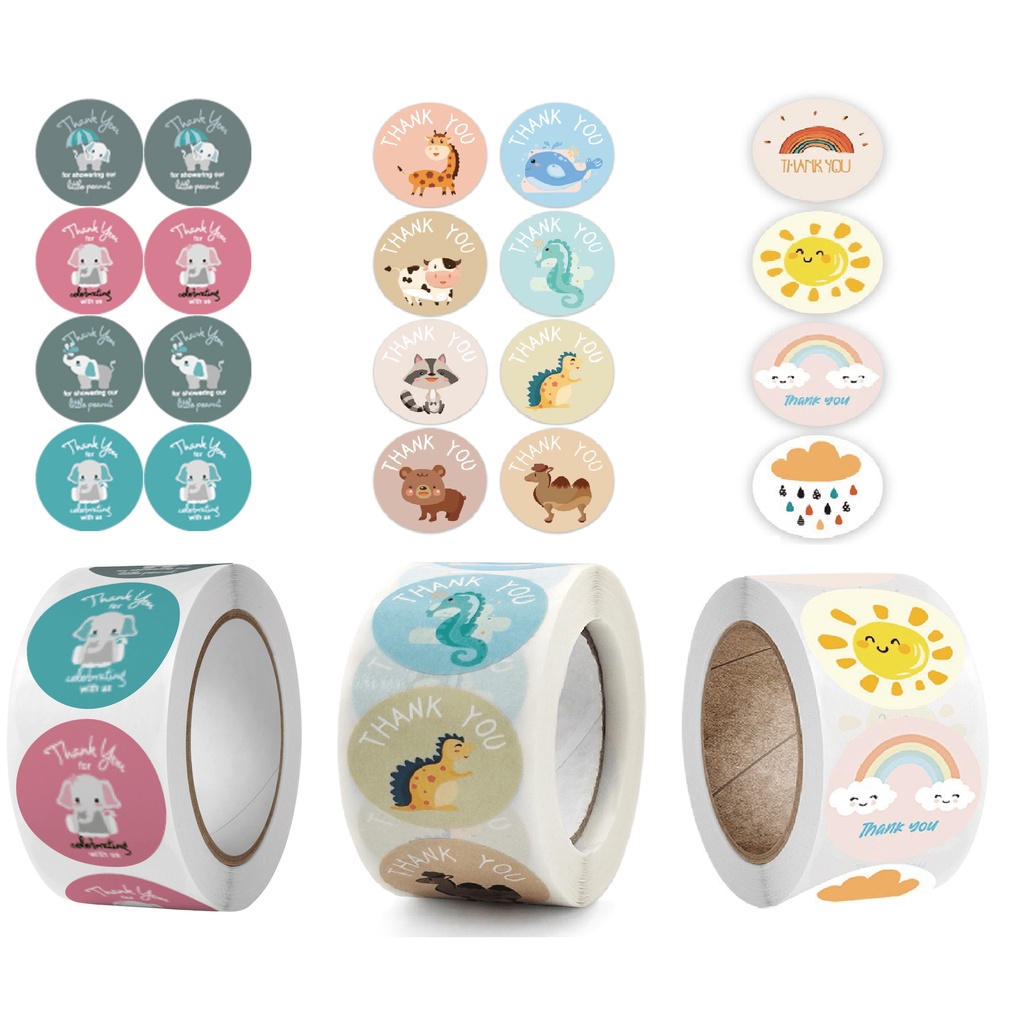 Cuộn 500 sticker thank you, nhãn dãn cảm ơn, tem tròn cảm ơn họa tiết dễ thương đáng yêu