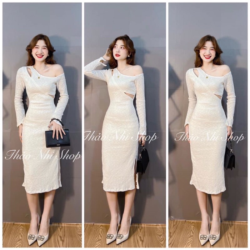 Đầm body trắng tay dài xẻ đùi khoét vai cutout