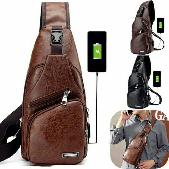 Túi đeo chéo da nam cao cấp thời trang hàn quốc có cổng sạc USB + lỗ tai nghe Hot 2019 ( Tặng Cáp sac USB ) | BigBuy360 - bigbuy360.vn