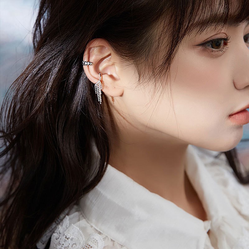 Bông Tai Bạc S925 Bộ 2 Ear Cuff Kẹp Vành Tua Rua & Khoen C Bất Đối Xứng Trẻ Trung Cá Tính | Khuyên Tai Nữ Trang Sức Bạc