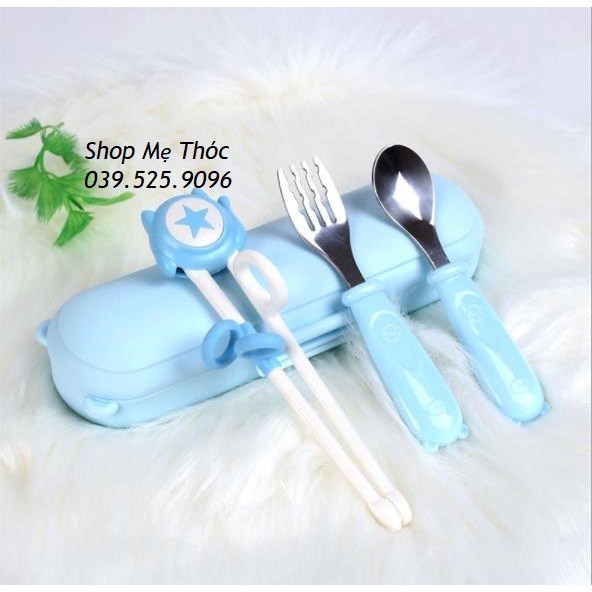 Bộ thìa dĩa đũa tập ăn inox cho bé tập gắp, tập xúc dễ dàng
