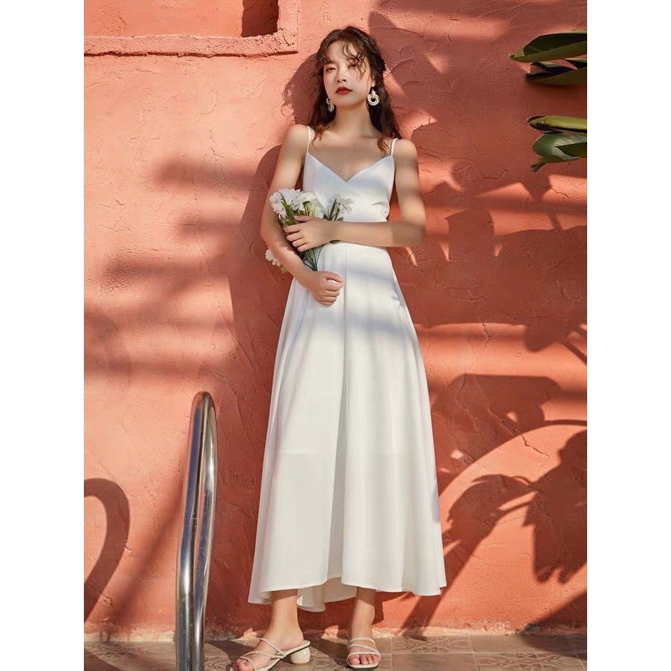 Đầm Maxi Trắng Hai Dây Hở Lưng Thắt Nơ Sau - MS742 | BigBuy360 - bigbuy360.vn