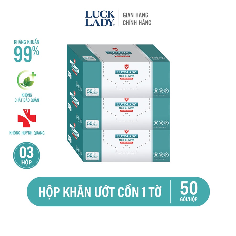 Combo 3 hộp khăn cồn Luck Lady 50 gói 1 tờ cồn