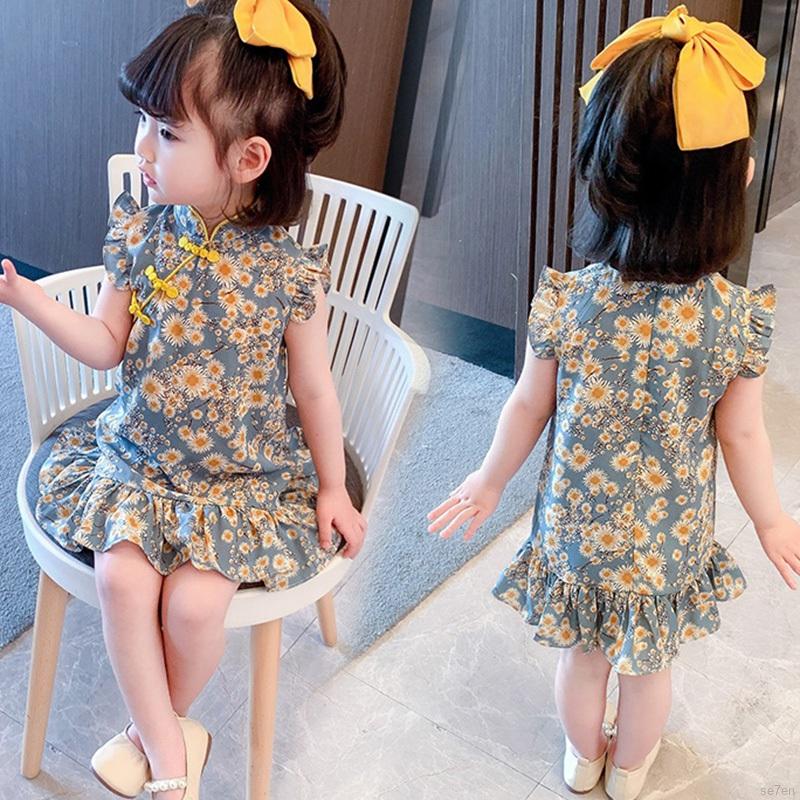 Váy kiểu sườn xám họa tiết hoa xinh xắn dành cho bé gái từ 2-8 tuổi
