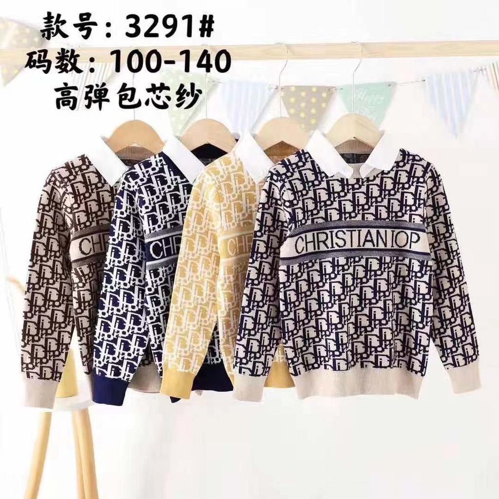 Áo len bé trai 3-8 tuổi dệt chữ và kẻ, Áo len cổ sơ mi cho bé hàng Quảng Châu đanh sợi không bai xù