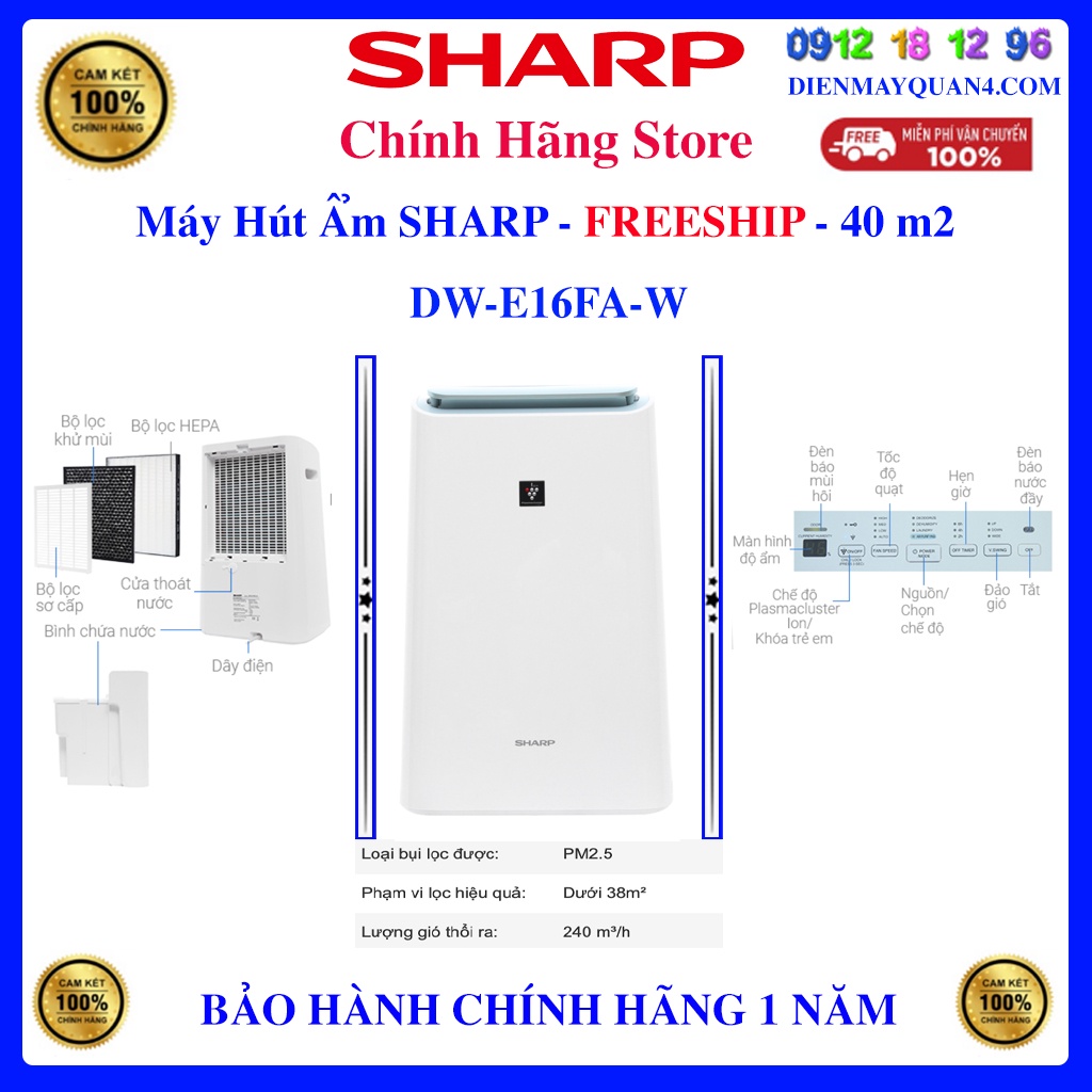 Máy lọc không khí hút ẩm Sharp DW-E16FA-W (38m2) Plasmacluster ion diệt khuẩn - Bảo hành chính hãng 12 Tháng