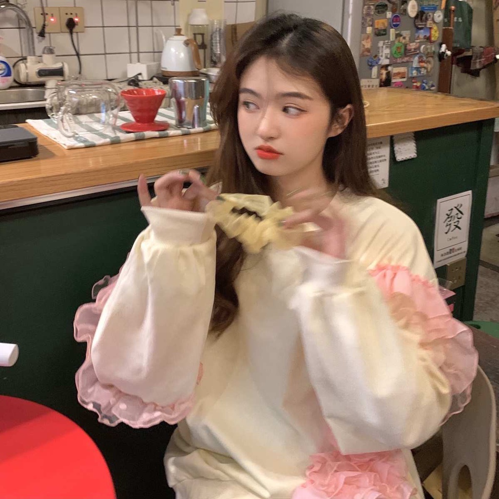 Áo sweater Dáng Rộng Nhiều Lớp Ren Hồng Ngọt Ngào Mùa Thu Hàn Quốc Dễ Phối Đồ Cho Phụ Nữ Trung Niên