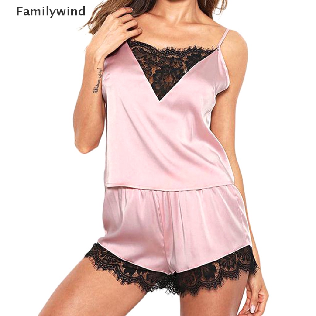 Bộ Đồ Ngủ 2 Món Vải Satin Phối Ren Gợi Cảm Cho Bạn Gái