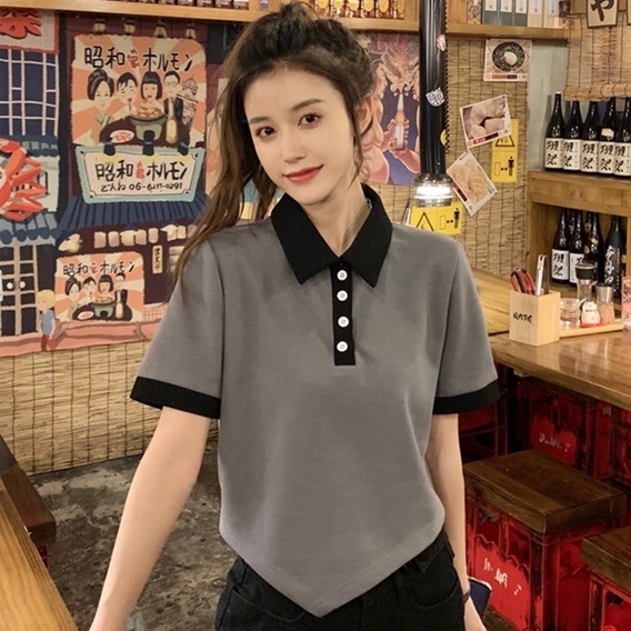 Áo thun lửng ZHELIHANGFEI cổ polo tay ngắn kiểu lệch tà cá tính thời trang dành cho nữ
