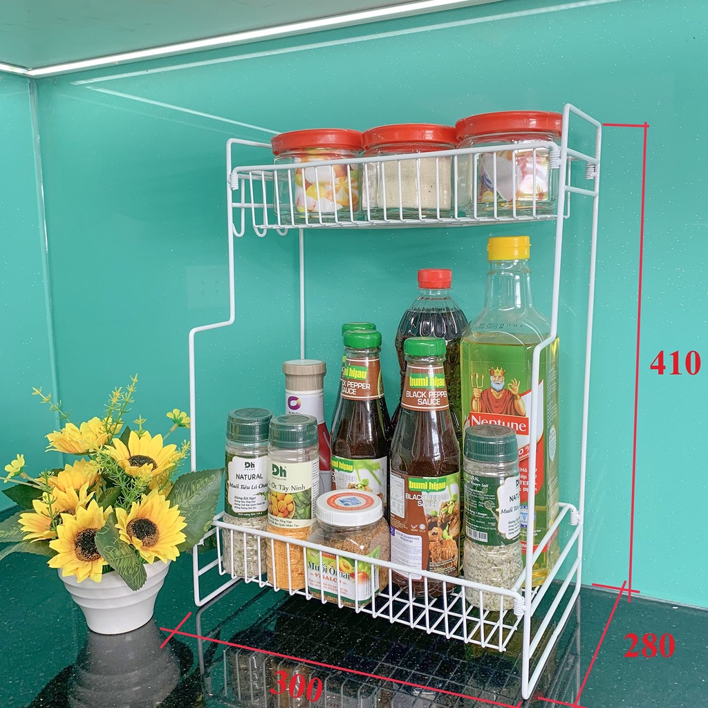 Kệ gia vị 2 tầng để đồ dùng nhà bếp, có móc treo cài sườn tiện lợi, giá sốc khuyến mãi