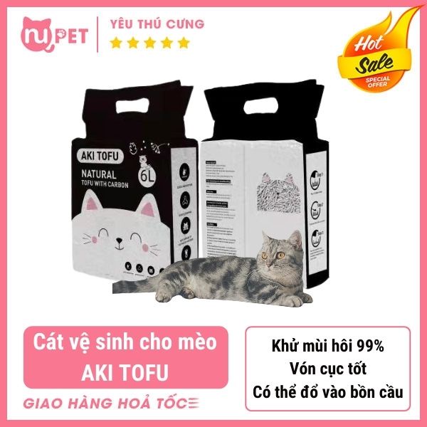 Cát vệ sinh đậu nành Aki Tofu than hoạt tính cho mèo Nupet gói 6L