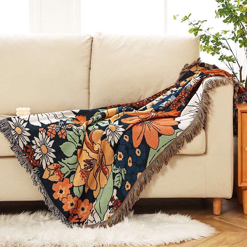 Thảm dệt cotton họa tiết hoa vintage trải sofa size lớn 1m6*2m2