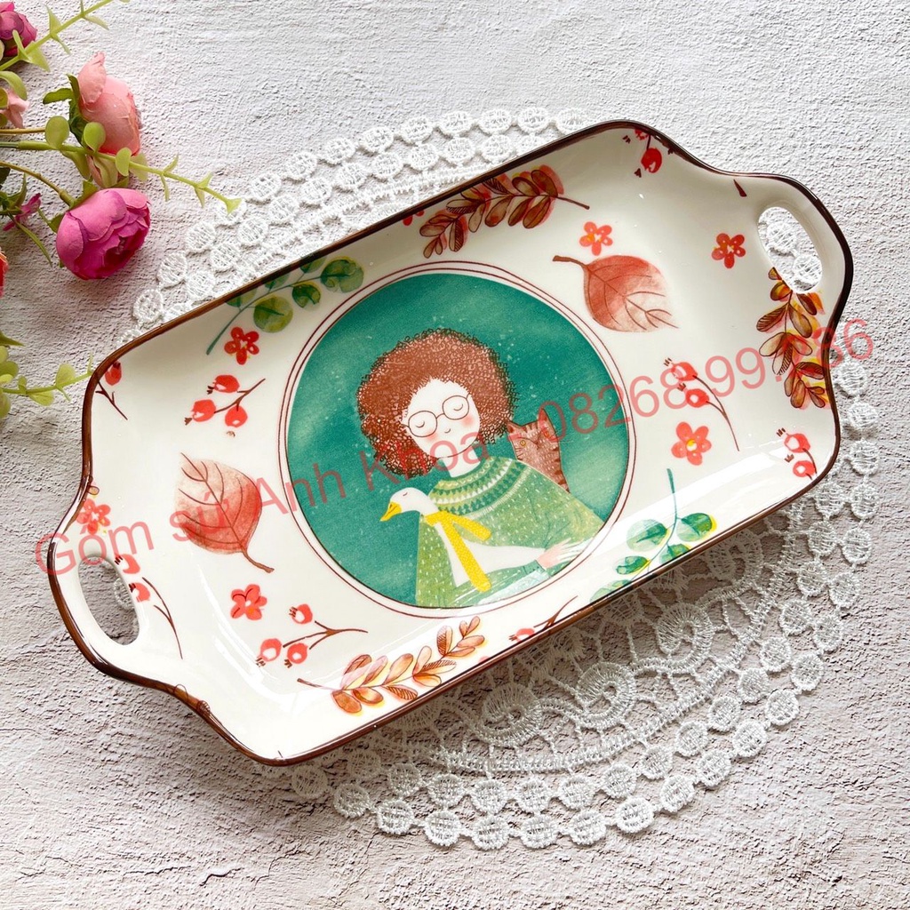 Chén Dĩa Sứ Bát Ăn Cơm Đĩa Sứ Decor cao cấp tổng hợp đĩa chữ nhật có tay cầm xinh yêu trang trí đồ ăn cực đep