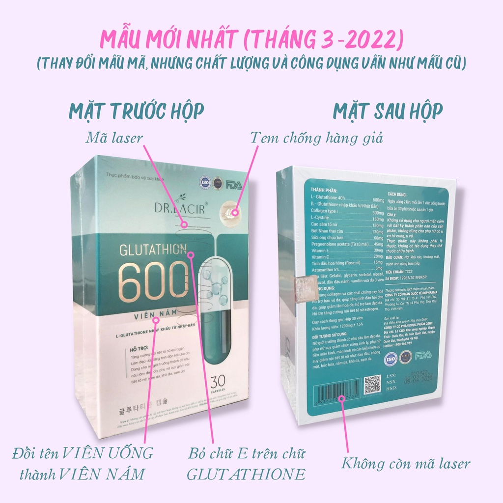 Glutathione 600, Dr Lacir, viên uống trắng da, xóa nám Glutathion mẫu mới, sáng da, nâng tone, giảm nám | BigBuy360 - bigbuy360.vn