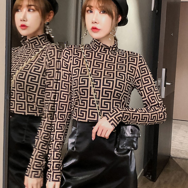 Áo Thun Dài Tay Ôm Dáng Họa Tiết Da Báo Cổ Cao Xinh Xắn Phong Cách Hàn Quốc