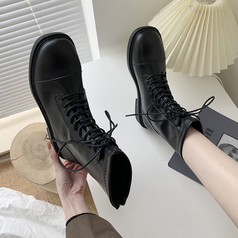 Boots nữ da , boots nữ ulzzang dây phong cách