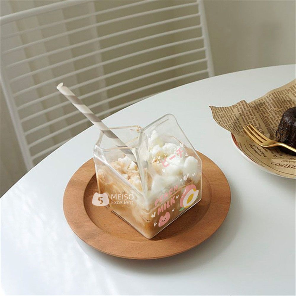 Cốc thuỷ tinh dày 380ML hình hộp sữa vuông sáng tạo dễ thương