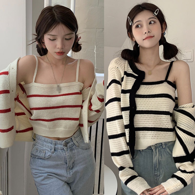 Set Áo Hai Dây Dệt Kim Kẻ Sọc + Áo Khoác Cardigan Thời Trang Nữ