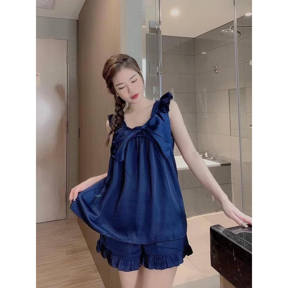 Bộ đồ ngủ sát nách nơ ngực quần đùi/ Đồ ngủ lụa mát mẻ thoáng khí | BigBuy360 - bigbuy360.vn