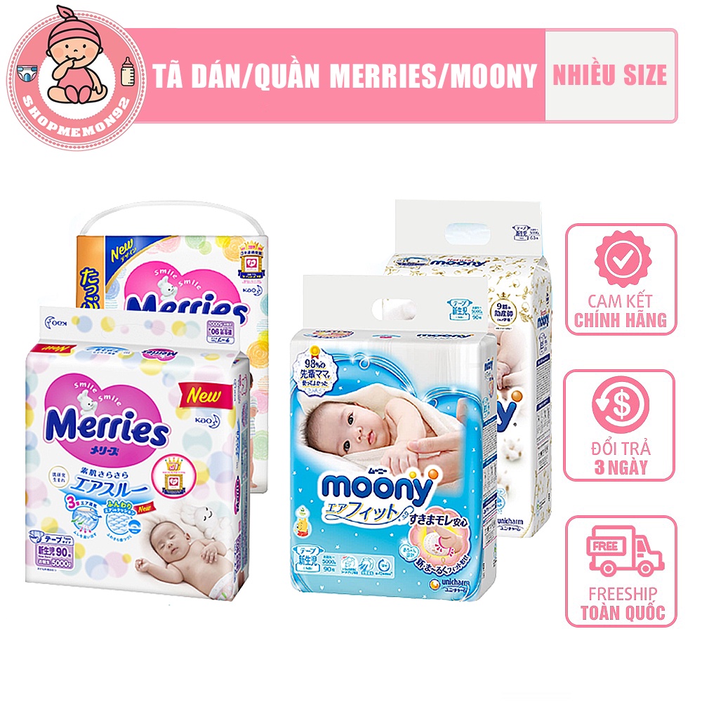 (Cộng Miếng)Tã Dán/ Quần MERRIES/MOONY Nội Địa Nhật NB96/ S88/ M68/ L58/ M64/ L50/ XL44/ XXL28