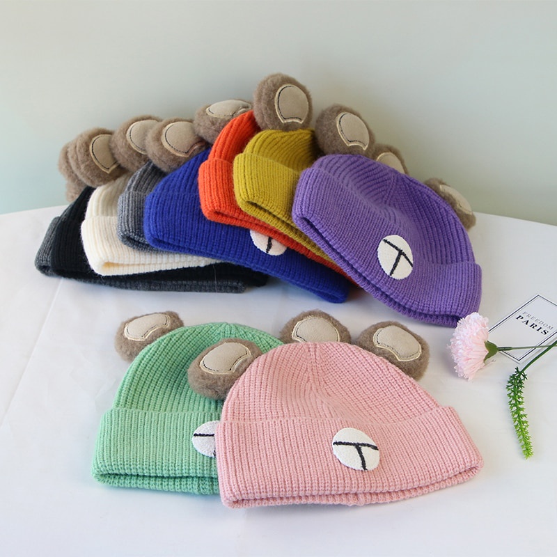 Mũ Len Beanie Đính Tai Gấu Dễ Thương Cho Bé