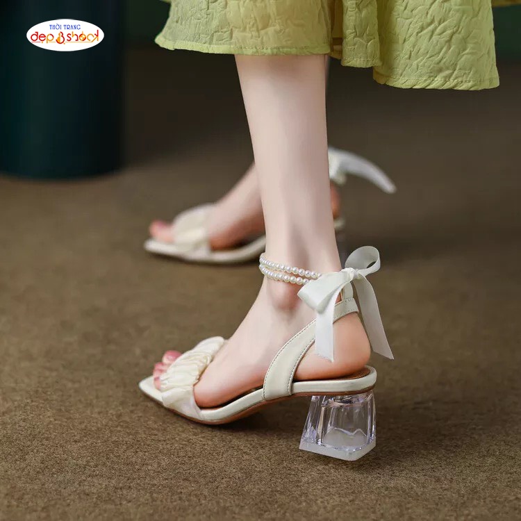Sandal cao gót 5p quai ngang nhún vòng ngọc thắt nơ Big Size 42 43 Depvashock