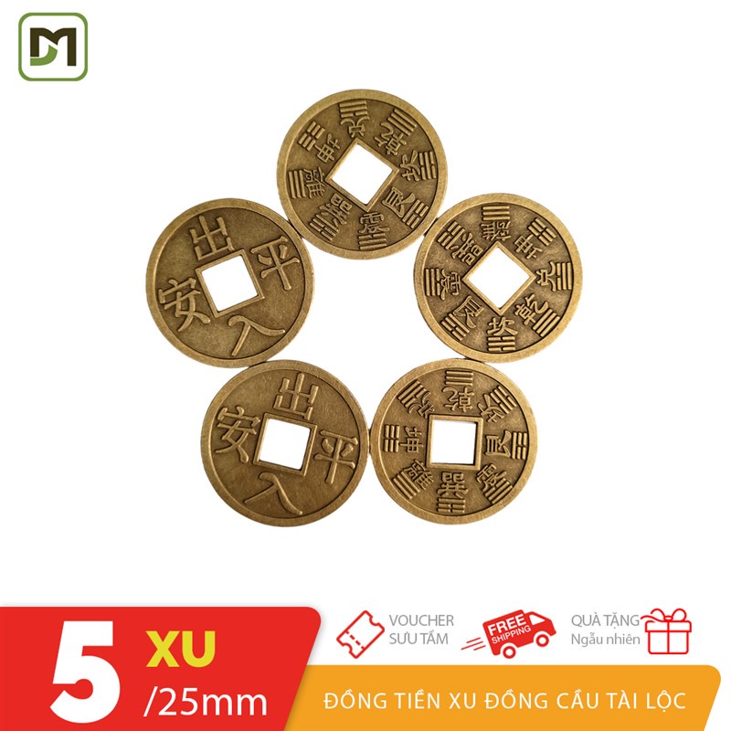 Combo 5 đồng tiền xu phong thủy size 25mm 40mm 60mm bằng đồng