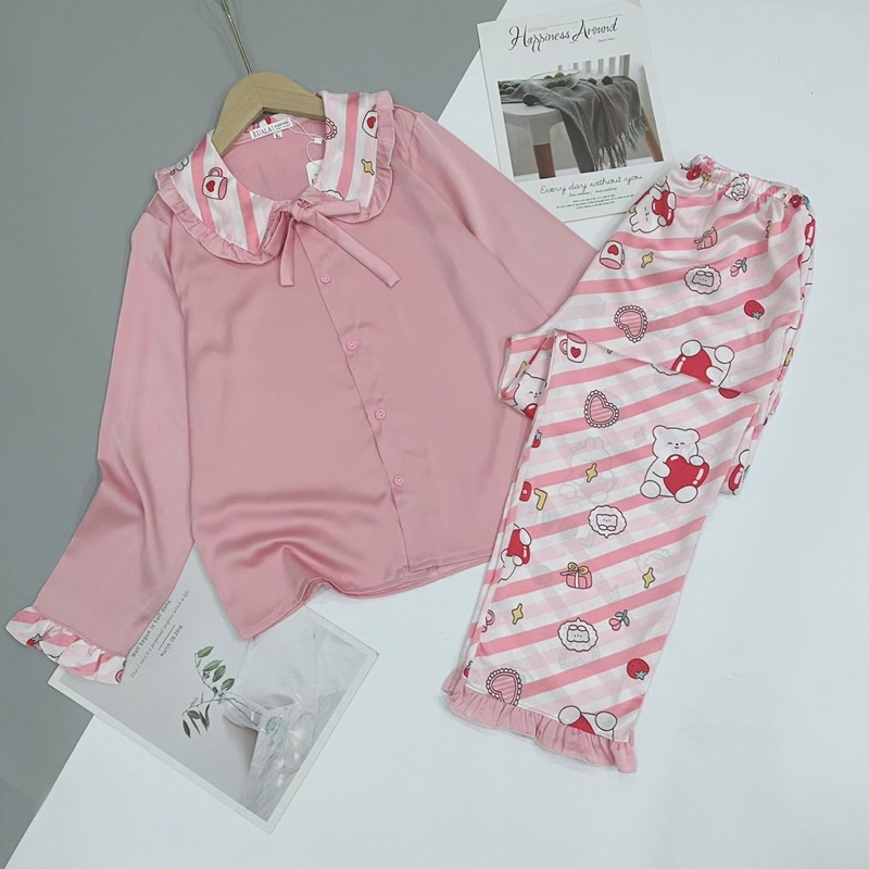 Bộ mặc nhà áo dài quần dài hoạ tiết xinh, chất đũi mềm mát không nhăn, đủ size