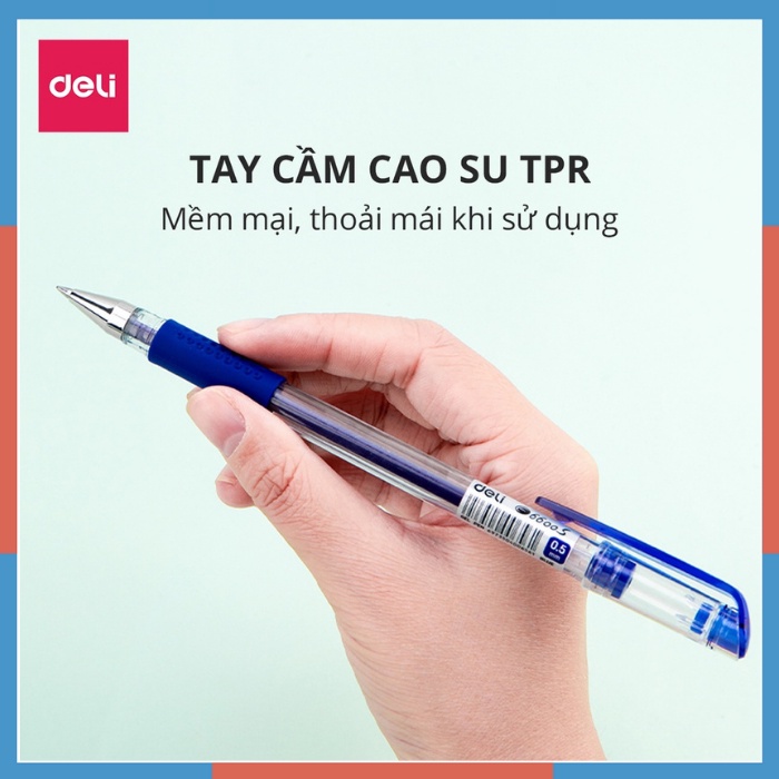 Bút bi nước mực gel 0.5mm có nắp đậy Deli màu xanh đen nhanh khô viết đều trơn tru lâu hết mực 6600