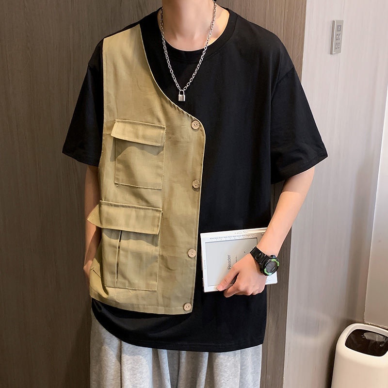 Áo Thun Ngắn Tay Giả Hai Lớp Phối Túi Phong Cách Hàn Quốc Dành Cho Nam