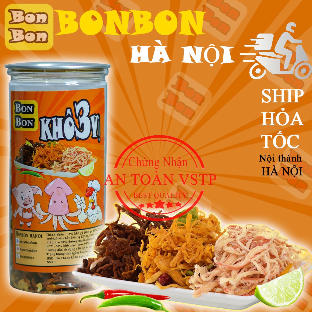 Khô mix 3 vị 300g BONBON Đồ ăn vặt Hà Nội vừa ngon,vừa rẻ. (Khô Heo + Khô Gà + Mực Hấp Dừa)  Bonbon