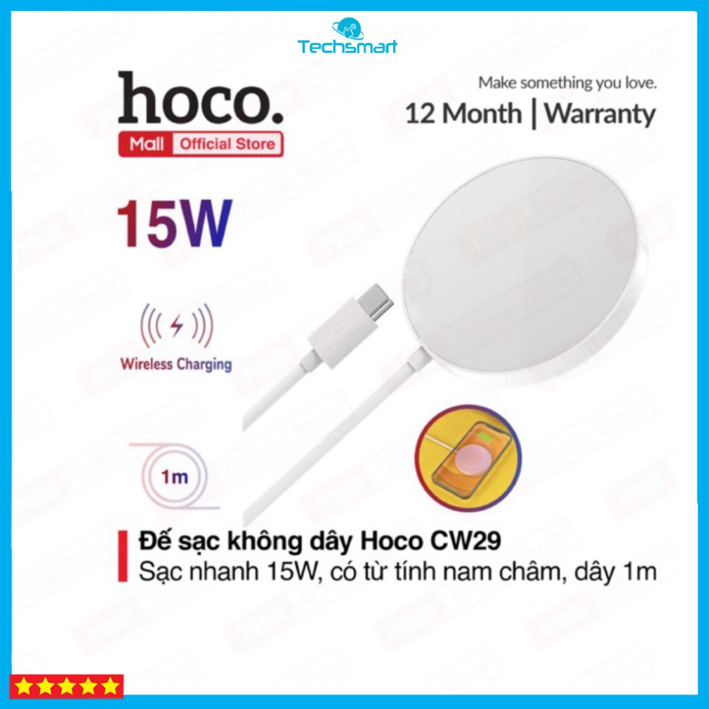 Đế sạc không dây Hoco CW29 sạc nhanh 15W, hỗ trợ sạc cho nhiều thiết bị có tính năng không dây, từ tình nam châm, 1m