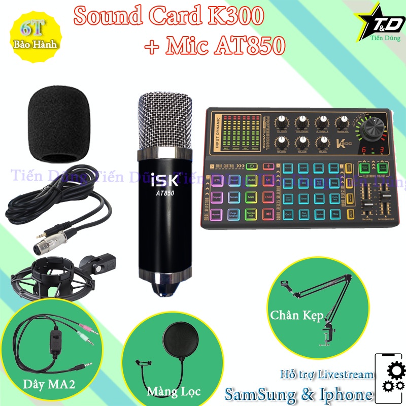 Bộ Mic thu âm ISK AT850 sound card k300 dây livestream MA2 chân kẹp màng lọc sound card k300 có autu tune và bluetooth