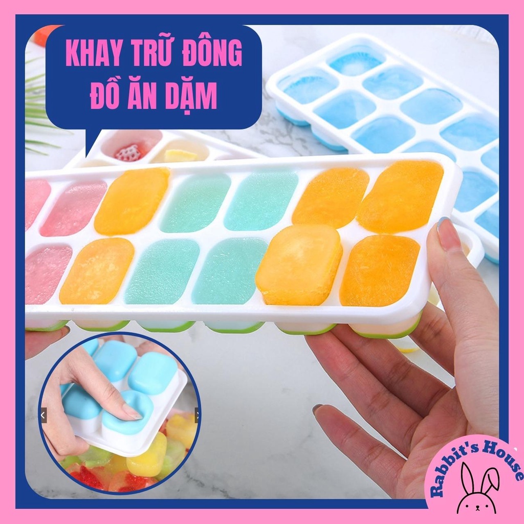 Khay làm đá, khay trữ đông đồ ăn dặm cho bé có đáy silicon tiện lợi - Khay đá có nắp