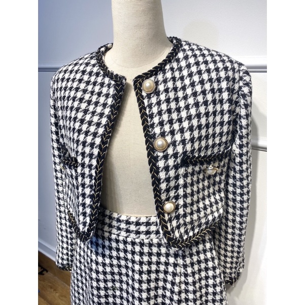 Áo khoác ngắn dạ tweed cổ tròn houdstooth - Audrey Studio