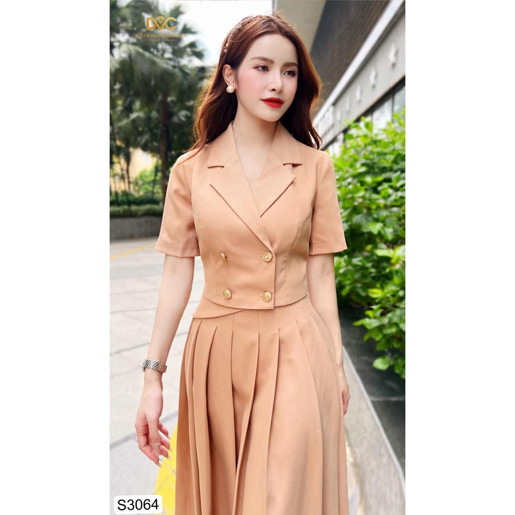 SET ÁO VEST NGẮN TAY KÈM CHÂN VÁY DẬP LY NÂU S3064-DVC