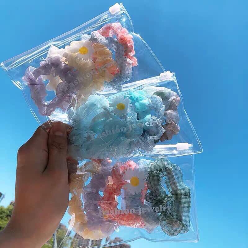 Set 5 Dây Buộc Tóc Scrunchies Túi Zip Hoa Cúc