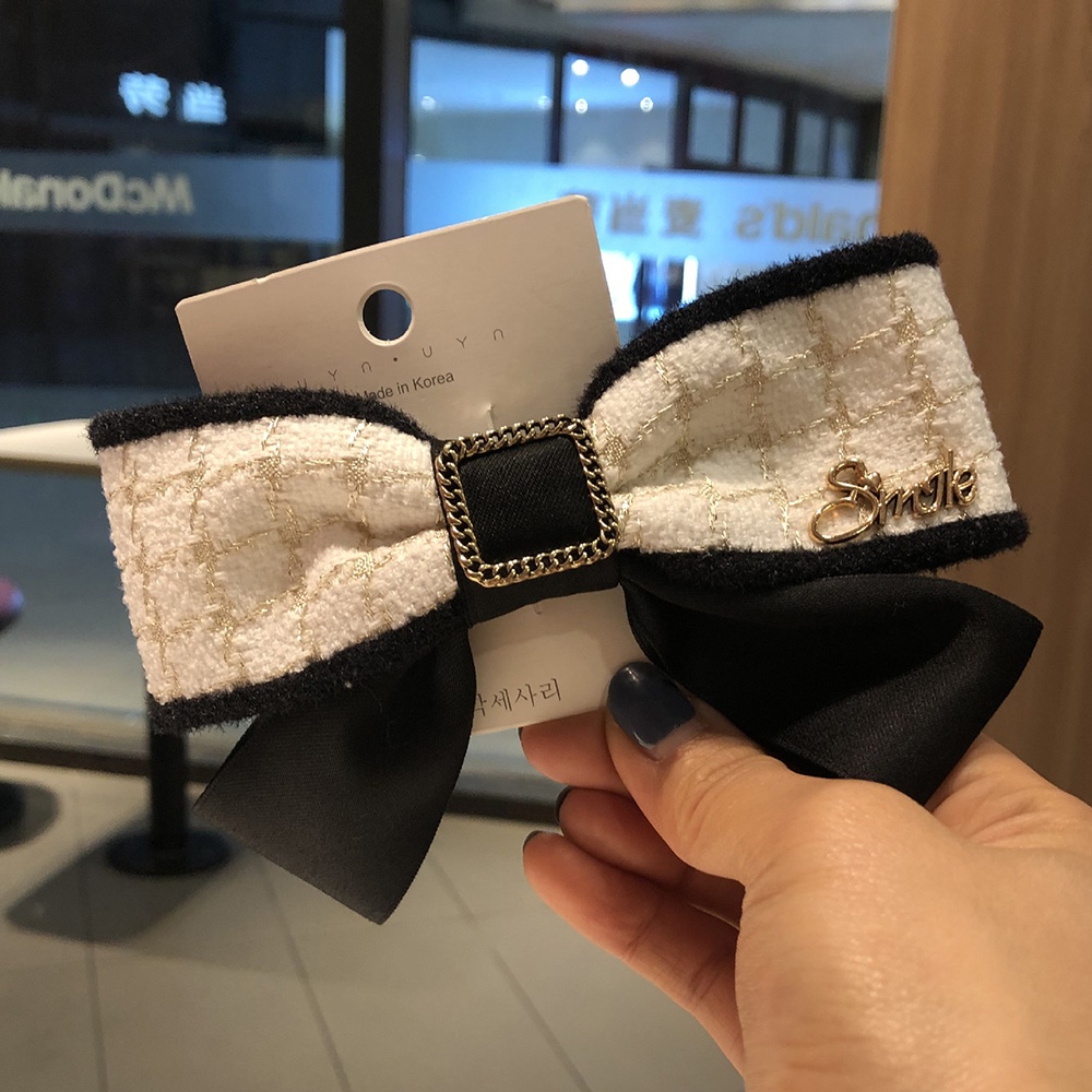 Kẹp tóc nơ lớn kẻ sọc caro trắng đen phong cách Hàn Quốc cổ điển cho nữ