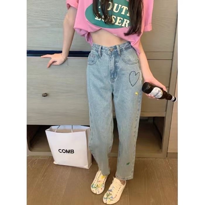 Quần jeans ống đứng nữ thêu hoạ tiết( trơn ) phong cách