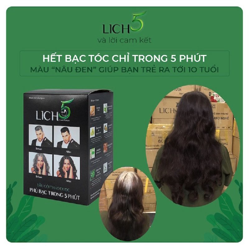 Dầu gội nhuộm tóc thảo dược phủ bạc Lich 5 nhuộm màu chỉ trong 5 phút 10 gói x 30gr