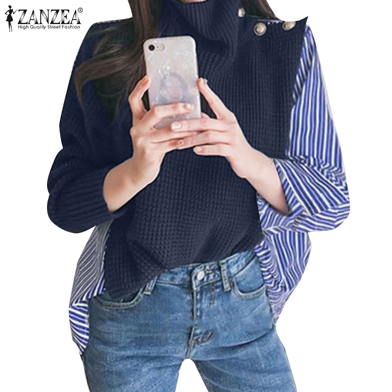 Áo kiểu ZANZEA cổ lọ phối họa tiết kẻ sọc thời trang cho nữ