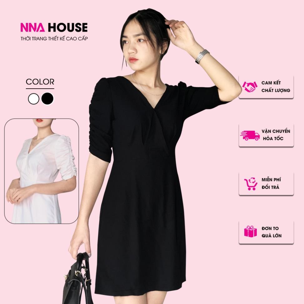 Váy Hàn Quốc tay dúm bèo cổ xẻ - Váy babydoll dáng ngắn, đầm dự tiệc babydoll NNAHOUSE Mã NA224