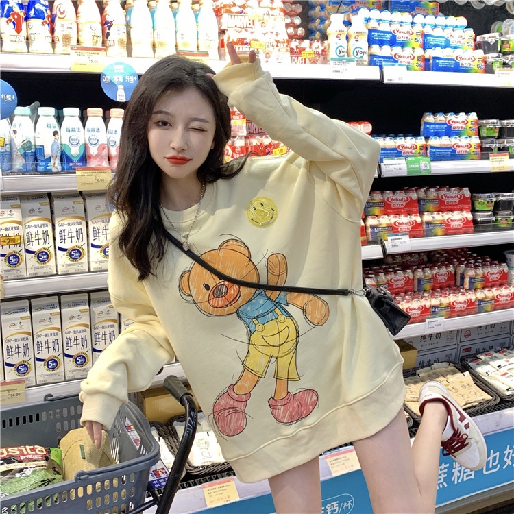 Xiaozhainv Áo nỉ tay dài dáng rộng in hình gấu phong cách Hàn Quốc thời trang xinh xắn cho nữ | BigBuy360 - bigbuy360.vn