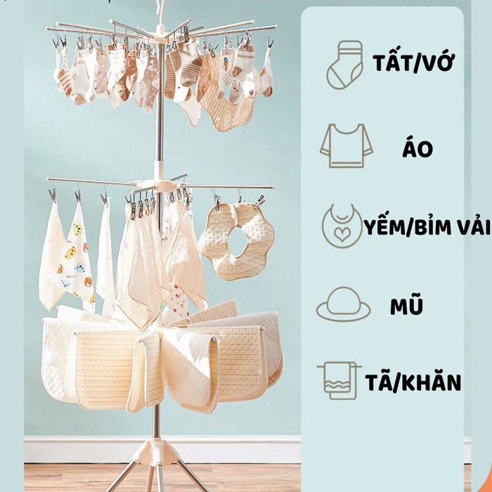 [Haobaby2018] Cây sào treo quần áo inox, giàn phơi thông minh, móc quần áo cho bé trẻ sơ sinh 3 tầng 56 kẹp móc gấp gọn