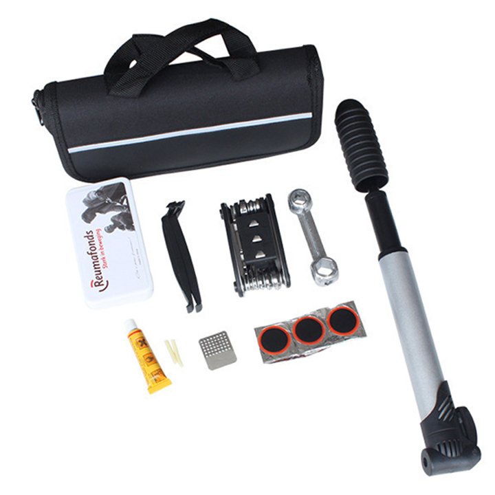 Bộ dụng cụ vá xăm xe đạp gồm miếng vá săm, bơm mini và keo dán, bộ lục giác sửa chữa đa năng có túi đựng