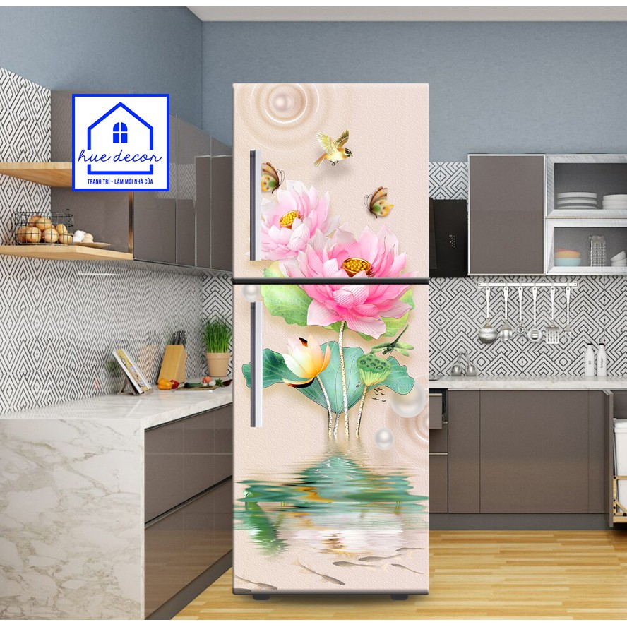 Decal dán tủ lạnh- máy giặt 3D Hoa Sen hồng HUE DECOR chất liệu decal cao cấp siêu bền, chống nước