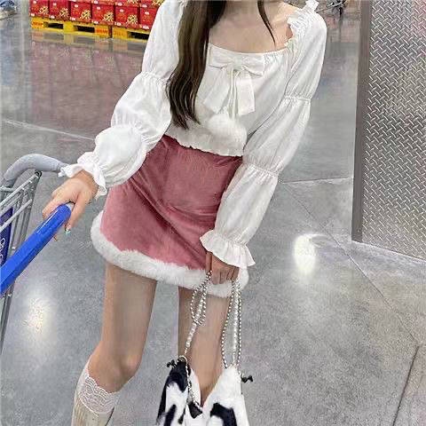 Chân váy chữ A vải nhung phối lông phong cách Nhật Bản dễ phối đồ Ve0T