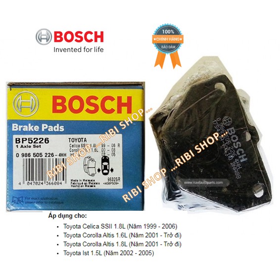 Má phanh Toyota Corolla Altis, Vios 2001-2013 ( 4 miếng/ bộ ) - Hàng chính hàng Bosch
