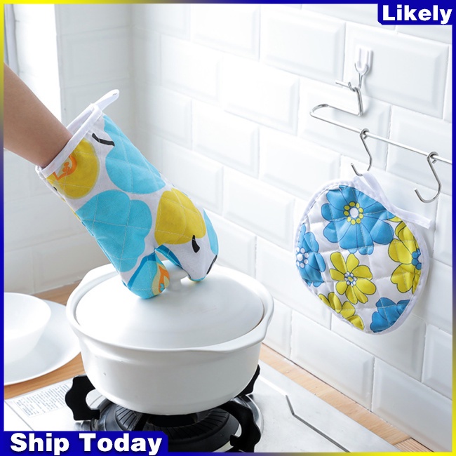 Set 2 găng tay cách nhiệt bằng polyester cotton dày dặn dùng cho lò vi sóng